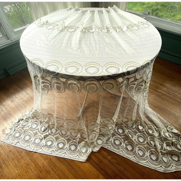 Vintage 70s pleated curtain, white with green/yellow groovy pattern, for 1 - Picture 1 of 10